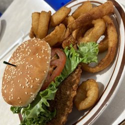 New Day Cafe - Pork tenderloin sandwich with onion rings
