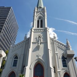 St. Joseph Cathedral - The façade. The red doors are interesting