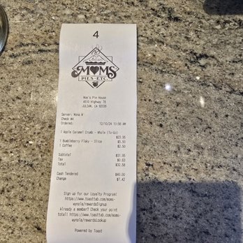Mom's Pie House - Receipt - Bakeries Near Me - Julian, California