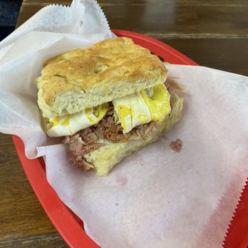 Belcross Biscuit Company  - Shredded ham and egg on a large buttermilk biscuit - Bakeries Near Me - Camden, North Carolina