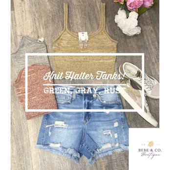 Bebe & Co. Boutique - Super cute knit halter tanks. Available in 3 gorgeous colors. - Women's Clothing Near Me Bebe & Co. Boutique - Super cute knit halter tanks. Available in 3 gorgeous colors. - Women's Clothing Near Me