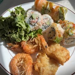 Buffet Fortuna - Sushi , salad, salt and pepper shrimp, and yummy fish.