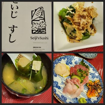 Seiji's Sushi - Mustard green salad, miso soup, sashimi. - Japanese Near Me - Kailua Kona, Hawaii Seiji's Sushi - Mustard green salad, miso soup, sashimi. - Japanese Near Me - Kailua Kona, Hawaii