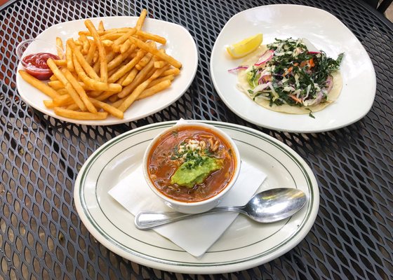 Photo of Arlequin Cafe & Food To Go - San Francisco, CA, US. Lunch with Maddie. Aztec Chicken Soup, Crispy Cut Fries, and a Grilled Scottish Salmon Taco. #DustinEatsSF