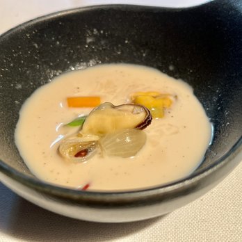 Hisop - Steamed mussels with pickled vegetables and cold tiger nut soup - Mediterranean Near Me - Barcelona, B Hisop - Steamed mussels with pickled vegetables and cold tiger nut soup - Mediterranean Near Me - Barcelona, B