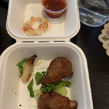 Loving Hut - The 3 piece drumsticks w sauce on the side after I dogged one of them - Vegetarian Near Me - Norcross, Georgia