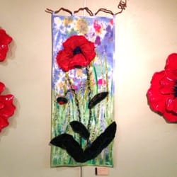 Artful Dimensions Gallery - Poppy in two mediums, ceramic and textile collage.