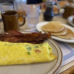 Flap Jack Family Restaurant - Build Your Own Omelette- with spinach, feta, tomatoes, add a side of bacon.