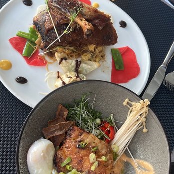 HAVEN Riverfront Restaurant & Bar - Top: Duck and mangorita drink. Bottom: Sea Bass dish with Asian noodles and poached eggs. - New American Near Me - Edgewater, New Jersey