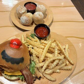 Toadstool Cafe - Mario  Burger fries and garlic knots - Cafes Near Me - Universal City, California