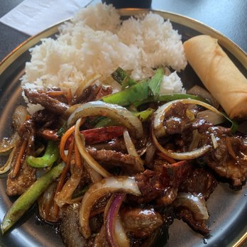 My Kitchen - lunch special mongolian beef and veggies w/ white rice and spring roll - Chinese Near Me - Gilbert, Arizona