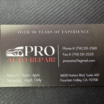 Pro Auto Repair - Feel free to contact us during our business hours for a free estimate! - Auto Repair Near Me - Fountain Valley, California Pro Auto Repair - Feel free to contact us during our business hours for a free estimate! - Auto Repair Near Me - Fountain Valley, California