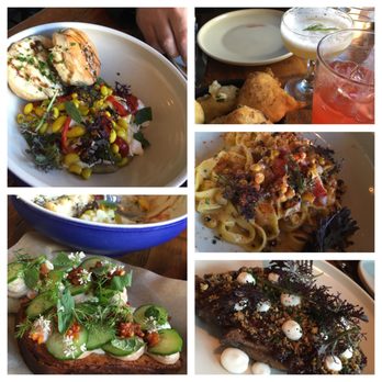 Rich Table - From top right, clockwise. Porcini doughnuts, lobster tagiatelle, ribeye, banh mi, and burrata. - New American Near Me - San Francisco, California