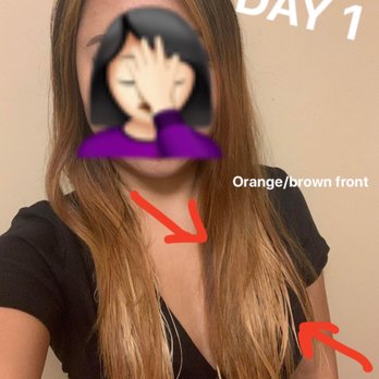 Hair Expressions - Day 1 after bleaching and let me go home like this. Bleach is uneven in front and back. Front hair only had 5 mins to process. - Nail Salons Near Me - Arden Hills, Minnesota
