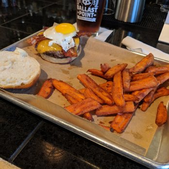 Cork & Cleaver - Sunrise Burger, Sweet Potato Fries and Red Ale - Gastropubs Near Me - Montgomery, Alabama Cork & Cleaver - Sunrise Burger, Sweet Potato Fries and Red Ale - Gastropubs Near Me - Montgomery, Alabama
