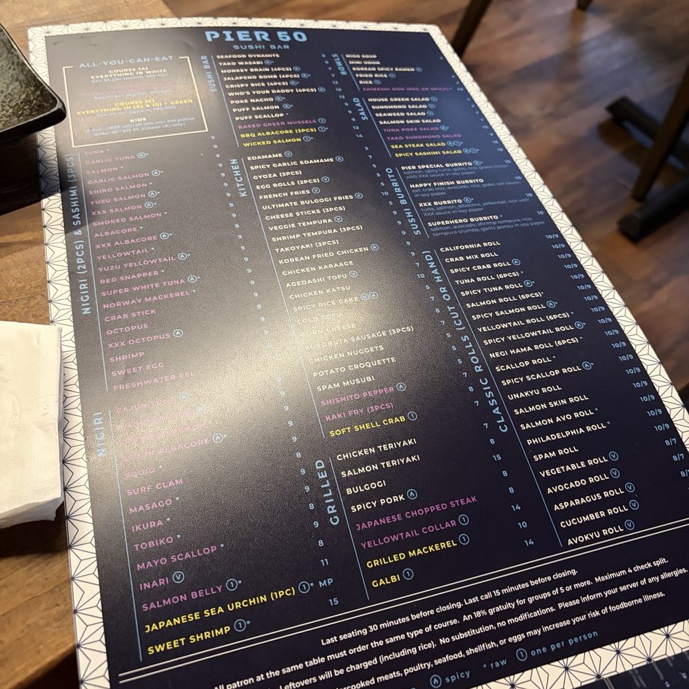 Pier 50 Sushi - Arden - Hard to read menu, too much glare from the lights. - Sushi Bars Near Me - Sacramento, California Pier 50 Sushi - Arden - Hard to read menu, too much glare from the lights. - Sushi Bars Near Me - Sacramento, California