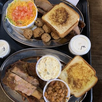 Boarhog's Barbeque - Brisket plate with hushpuppies and salad; ribs plate with potato salad and baked beans - American Near Me - Huntsville, Alabama
