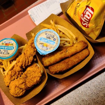 Stage Door Café - Chicken tenders. Fish and chips and corn dog with chips - American Near Me - Anaheim, California Stage Door Café - Chicken tenders. Fish and chips and corn dog with chips - American Near Me - Anaheim, California
