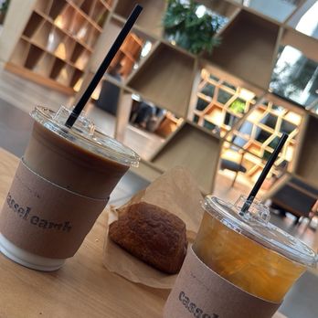 Cassel Earth Coffee - Ice banana latte, chocolate croissant, passion tea with mango syrup. - Coffee & Tea Near Me - Irvine, California
