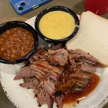 Saw's Soul Kitchen - Pulled pork plate, BBQ beans, Cheese Grits - Barbeque Near Me - Birmingham, Alabama