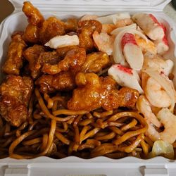 China Wok - General tsos chicken, seafood and noodles. Good but both entrees don't have as much sauce as they used to.