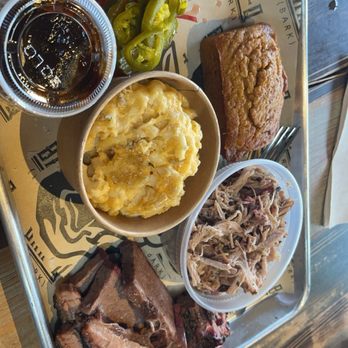 Bar-Q - Brisket, pulled pork, Mac n cheese, collard greens, and cornbread, and pickled peppers - Southern Near Me - Richmond, Virginia Bar-Q - Brisket, pulled pork, Mac n cheese, collard greens, and cornbread, and pickled peppers - Southern Near Me - Richmond, Virginia