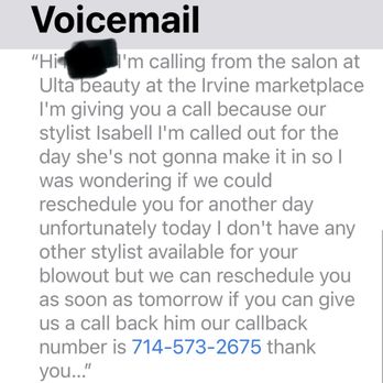 Ulta Beauty - Blowout for a photoshoot cancelled 2 hours before appointment. Had it scheduled several weeks in advance. Very unprofessional. - Cosmetics & Beauty Supply Near Me - Irvine, California Ulta Beauty - Blowout for a photoshoot cancelled 2 hours before appointment. Had it scheduled several weeks in advance. Very unprofessional. - Cosmetics & Beauty Supply Near Me - Irvine, California