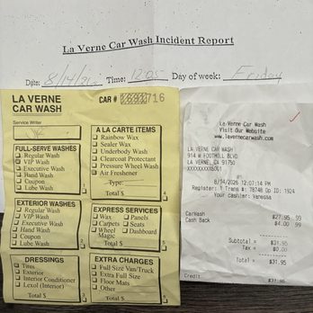 La Verne Car Wash - Incident report, customer receipt, and employee copy of the detailed work to be performed (that was left under my windshield wiper). - Car Wash Near Me - La Verne, California La Verne Car Wash - Incident report, customer receipt, and employee copy of the detailed work to be performed (that was left under my windshield wiper). - Car Wash Near Me - La Verne, California