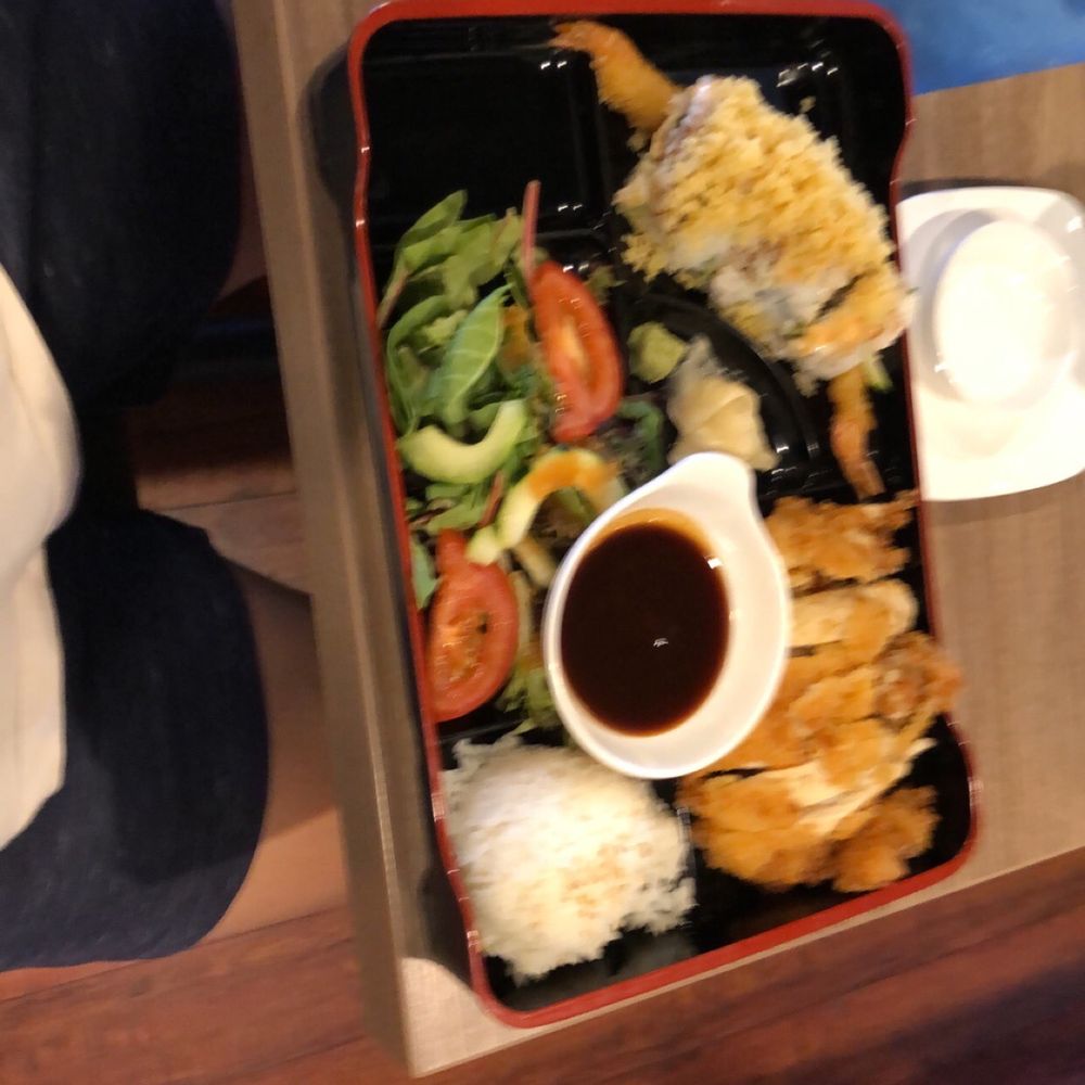 Ahi Sushi - Salad, rice, chicken katsu, shrimp tempura role which is amazingggg, and katsu sauce - Sushi Bars Near Me - Bakersfield, California Ahi Sushi - Salad, rice, chicken katsu, shrimp tempura role which is amazingggg, and katsu sauce - Sushi Bars Near Me - Bakersfield, California