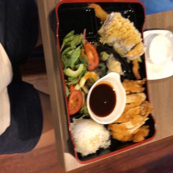 Ahi Sushi - Salad, rice, chicken katsu, shrimp tempura role which is amazingggg, and katsu sauce - Sushi Bars Near Me - Bakersfield, California