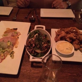 BlackSalt - Trio of delicious apps - order of greatness: fried clams, grilled octopus and scallops & sashimi - Seafood Near Me - Washington, DC, District of Columbia