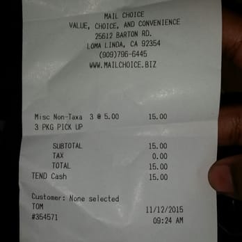 Mail Choice - I was charged $15 for three packages because my name wasn't under my aunt's personal box. - Printing Services Near Me - Loma Linda, California Mail Choice - I was charged $15 for three packages because my name wasn't under my aunt's personal box. - Printing Services Near Me - Loma Linda, California