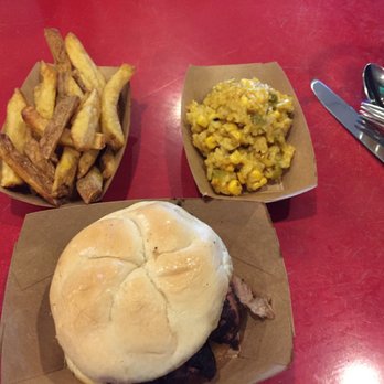 Naaman's BBQ - Brisket sandwich, fries and cheesy corn. - Barbeque Near Me - Texarkana, Texas