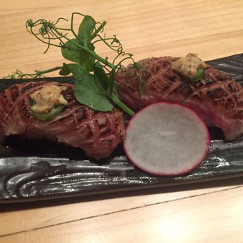 MF Sushi - A5 Wagyu Beef Aburi / seared with Dijon mustard, Serrano pepper, and truffle soy - Sushi Bars Near Me - Houston, Texas MF Sushi - A5 Wagyu Beef Aburi / seared with Dijon mustard, Serrano pepper, and truffle soy - Sushi Bars Near Me - Houston, Texas