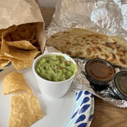 Frijoles and Frescas - Chips and guacamole, and a chicken quesadilla