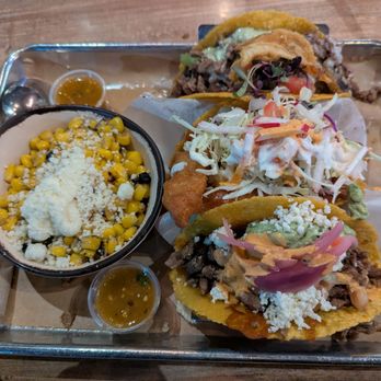 Urban Fish Taco - Mexican street corn, Philly cheese steak taco (bottom), fish taco (middle), carne asada taco (top) - Tacos Near Me - Chino Hills, California Urban Fish Taco - Mexican street corn, Philly cheese steak taco (bottom), fish taco (middle), carne asada taco (top) - Tacos Near Me - Chino Hills, California