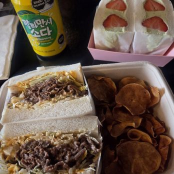 Sando Street - Bulgogi sando with chips. Matcha sando (with strawberries). Sparkling calamansi drink. - Japanese Near Me - Chicago, Illinois Sando Street - Bulgogi sando with chips. Matcha sando (with strawberries). Sparkling calamansi drink. - Japanese Near Me - Chicago, Illinois