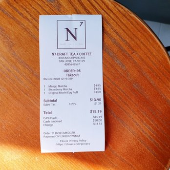 N7 Draft Tea + Coffee - Receipt for this afternoon - Coffee & Tea Near Me - San Jose, California N7 Draft Tea + Coffee - Receipt for this afternoon - Coffee & Tea Near Me - San Jose, California