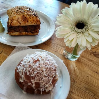 Creemore Bakery & Cafe - Pulled pork sandwich and coconut cream donut. - Cafes Near Me - Creemore, Ontario