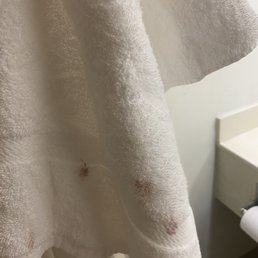 Stained dirty towel that was folded on towel rack Stained dirty towel that was folded on towel rack