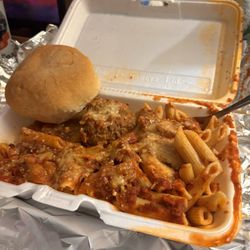 Gina's Carry Out Favorites - A large hearty portion of Penne pasta with large meatball & roll. Served with the right amount of cheese on top.