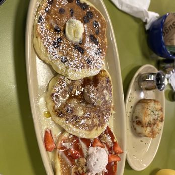 Snooze, an A.M. Eatery - Pancake Flight (Chocolate Chip, Pineapple, and Strawberry) - Breakfast & Brunch Near Me - Stafford, Texas Snooze, an A.M. Eatery - Pancake Flight (Chocolate Chip, Pineapple, and Strawberry) - Breakfast & Brunch Near Me - Stafford, Texas