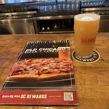 Old Chicago Pizza + Taproom - Front of menu and a local beer from Silver Falls Brewery - Pizza Near Me - HILLSBORO, Oregon Old Chicago Pizza + Taproom - Front of menu and a local beer from Silver Falls Brewery - Pizza Near Me - HILLSBORO, Oregon