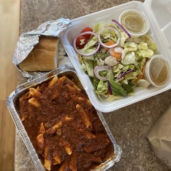 Joey C's - Pasta & Meat sauce with salad - Pizza Near Me - Benton Harbor, Michigan