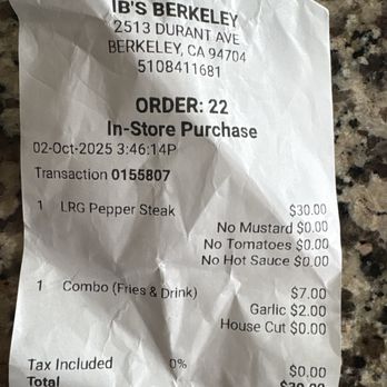 IB’s - Receipt - Sandwiches Near Me - Berkeley, California IB’s - Receipt - Sandwiches Near Me - Berkeley, California