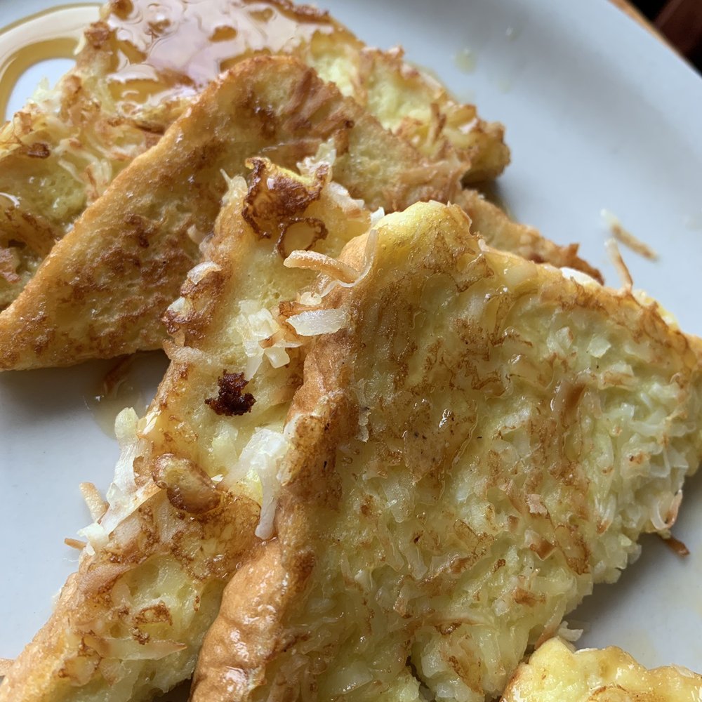 Harry's All American - Coconut crusted French toast with Carmel sauce. - Breakfast & Brunch Near Me - Boston, Massachusetts Harry's All American - Coconut crusted French toast with Carmel sauce. - Breakfast & Brunch Near Me - Boston, Massachusetts