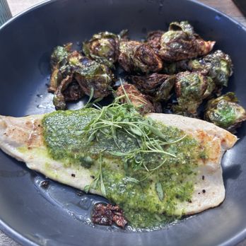 District Kitchen - Anderson Lane - Idaho River Trout (Lunch) with Brussel Sprouts - New American Near Me - Austin, Texas