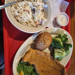 Catfish with broccoli, coleslaw and cornbread.