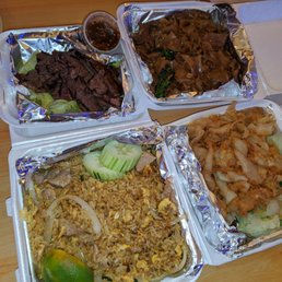 Crying tiger, pad see ew, thai fried rice, king noodles Crying tiger, pad see ew, thai fried rice, king noodles