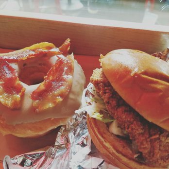 Do-Rite Donuts & Chicken - The original chicken sandwich, spicy style, and a donut with candied bacon and maple frosting. Delicious - Donuts Near Me - Chicago, Illinois